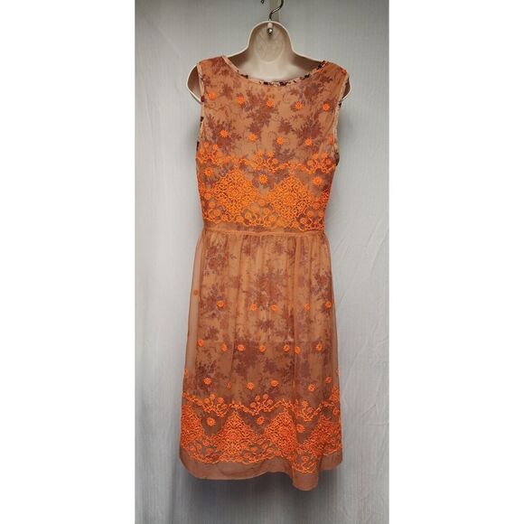 Anthropologie Uncle Frank Embroidered Mesh Overlay Neon Orange Floral Dress Sz M - Picture 4 of 8